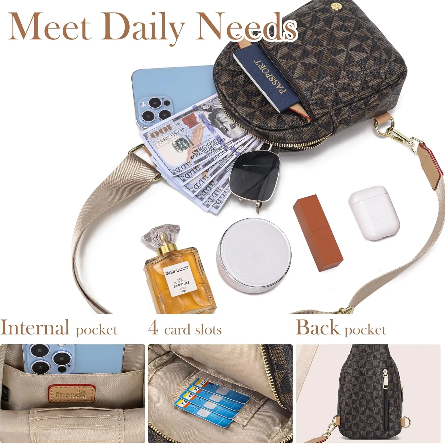 INICAT Sling Bag for Women Small Crossbody Bags Leather Fanny Pack for Travel Essentials(Brown Checked)