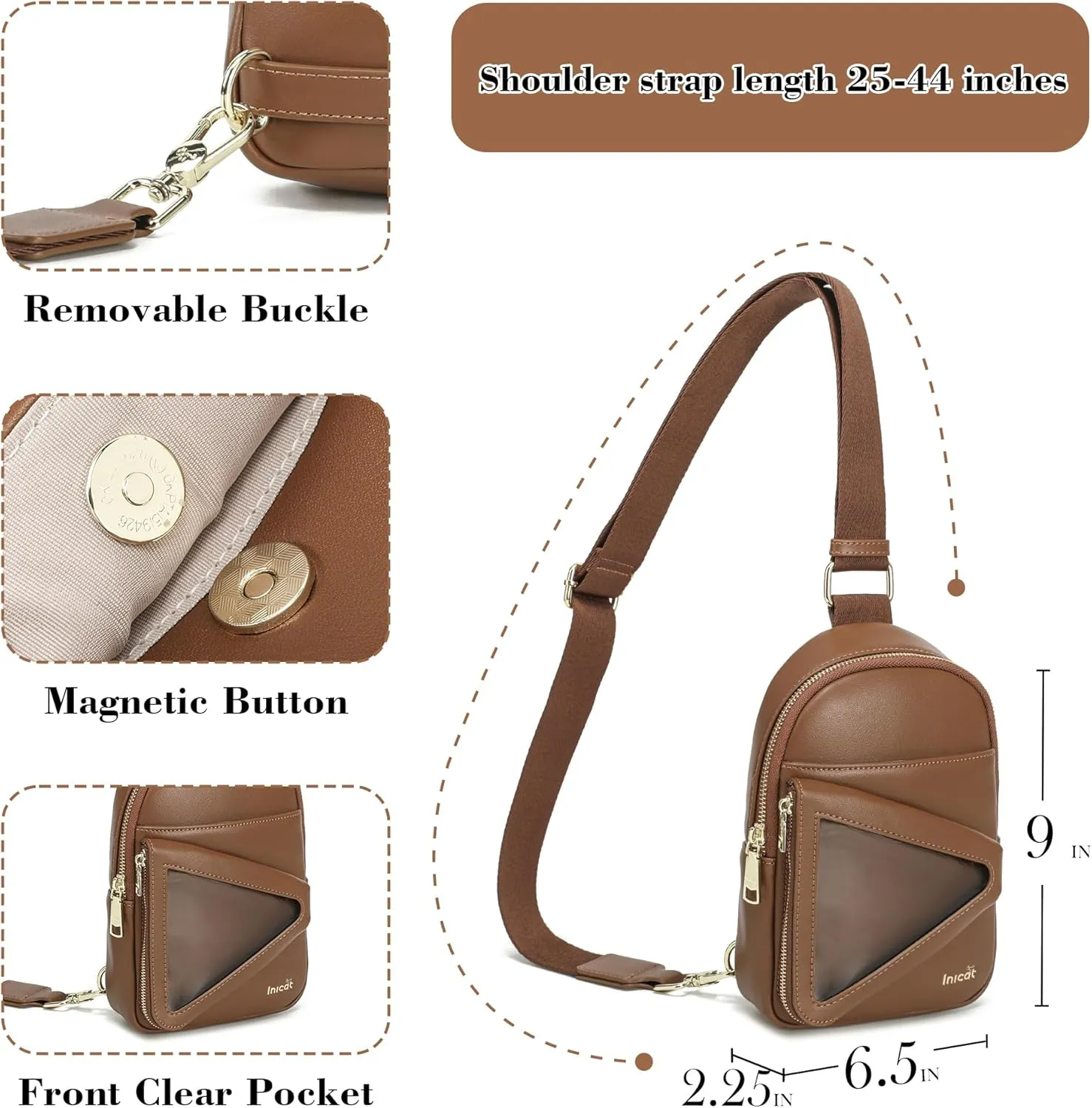 INICAT Sling Bag for Women Small Crossbody Bags Leather Fanny Pack for Travel Essentials(Brwon Tan)