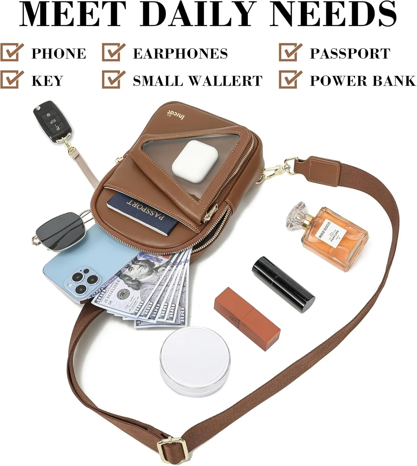 INICAT Sling Bag for Women Small Crossbody Bags Leather Fanny Pack for Travel Essentials(Brwon Tan)