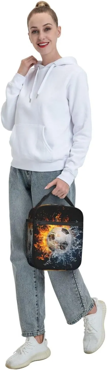Insulated Durable Football Lunch Box with Shoulder Strap, Kids Adult Fire And Water Soccer School Lunch Bag, Lunch Tote Box Bag for Office School Picnic Beach Travel