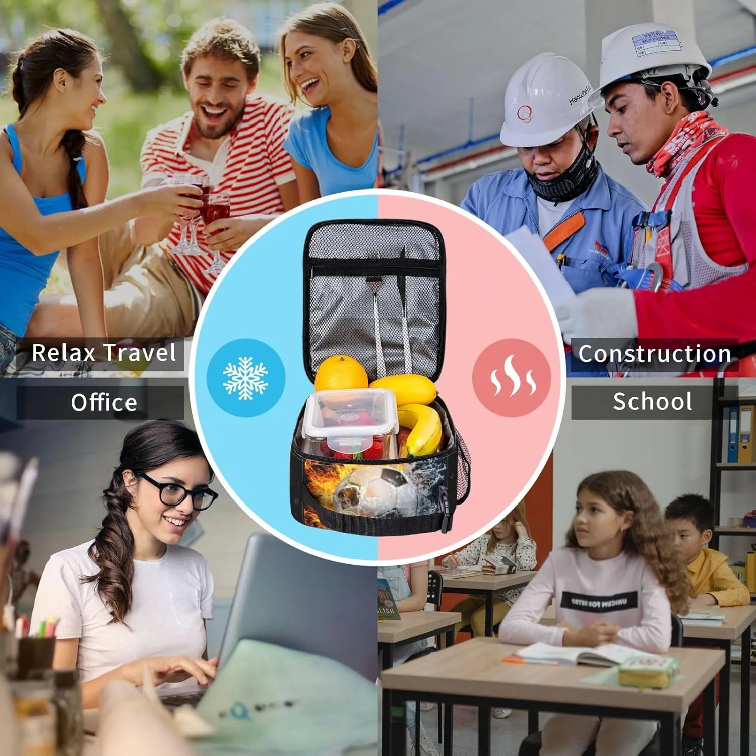 Insulated Durable Football Lunch Box with Shoulder Strap, Kids Adult Fire And Water Soccer School Lunch Bag, Lunch Tote Box Bag for Office School Picnic Beach Travel