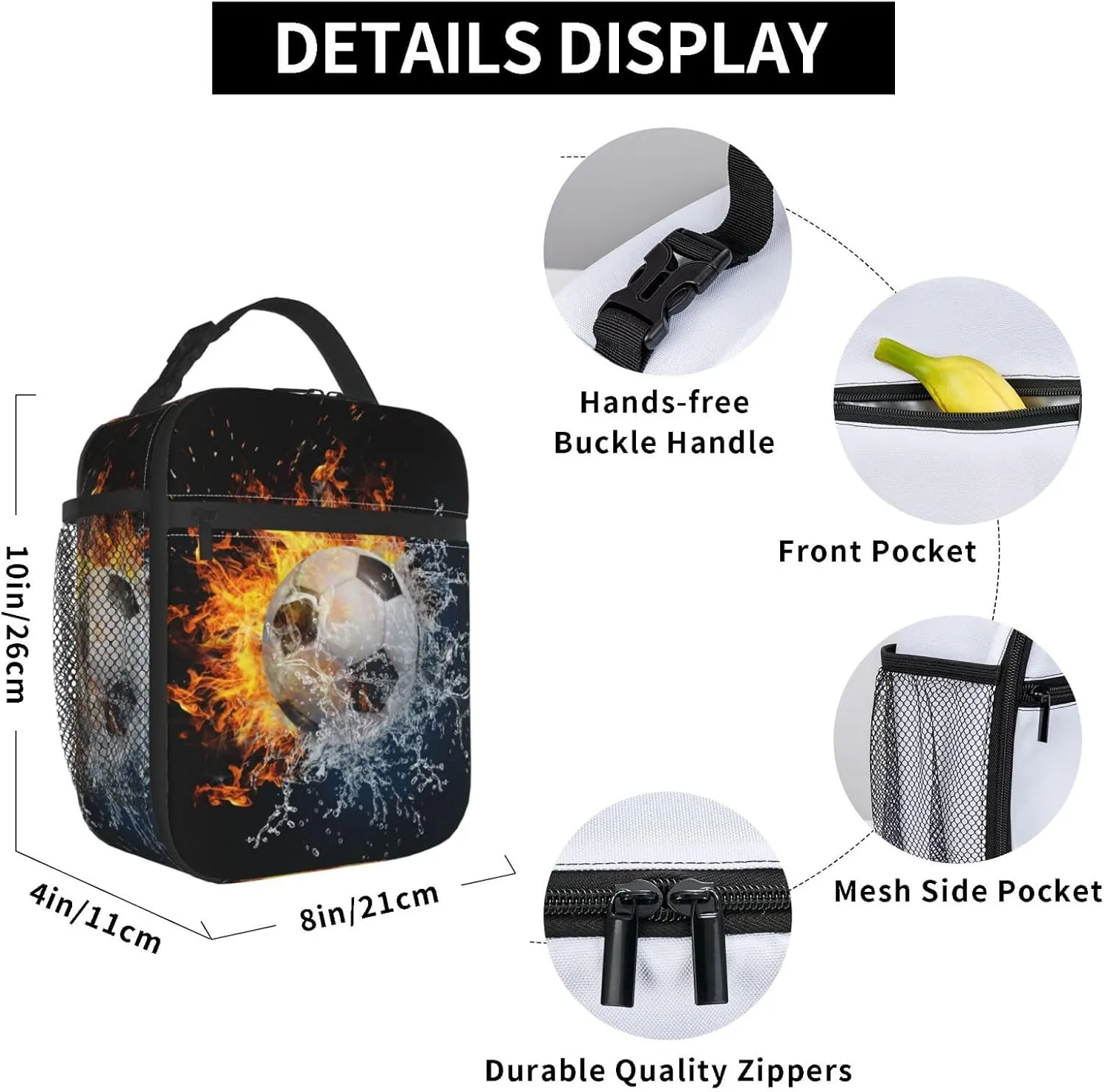 Insulated Durable Football Lunch Box with Shoulder Strap, Kids Adult Fire And Water Soccer School Lunch Bag, Lunch Tote Box Bag for Office School Picnic Beach Travel