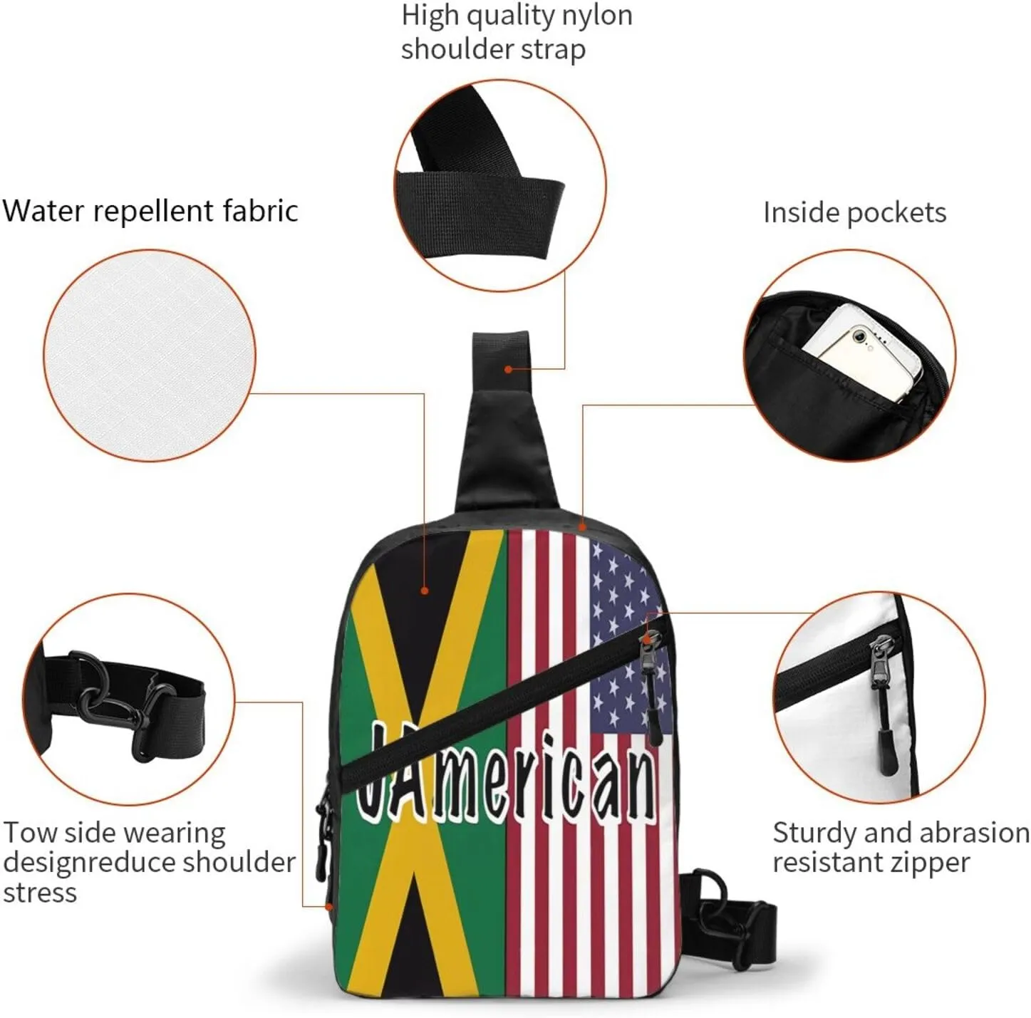 Jamaican Roots And American Flag Portable Crossbody Bag Foldable Sling Bags Sports Gym Chest Daypack Reusable Shoulder Backpack Casual Diagonally Rucksack Fanny Packs
