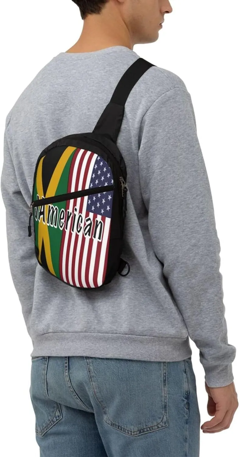 Jamaican Roots And American Flag Portable Crossbody Bag Foldable Sling Bags Sports Gym Chest Daypack Reusable Shoulder Backpack Casual Diagonally Rucksack Fanny Packs