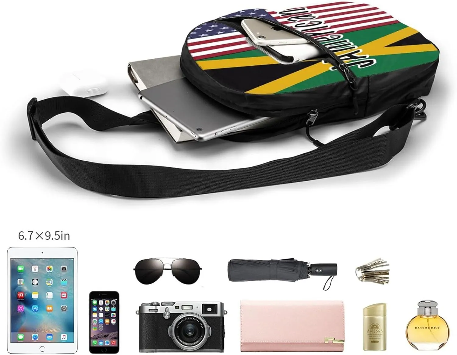 Jamaican Roots And American Flag Portable Crossbody Bag Foldable Sling Bags Sports Gym Chest Daypack Reusable Shoulder Backpack Casual Diagonally Rucksack Fanny Packs