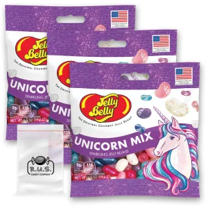 Jelly Belly Unicorn Mix Jelly Beans- 3 Pack - 3.5 oz each- Gourmet jelly beans, Magical Assorted Candy Bags for Kids and Unicorn Lovers with 1 R.U.S. Candy Company pocket size travel bag (Unicorn Mix)