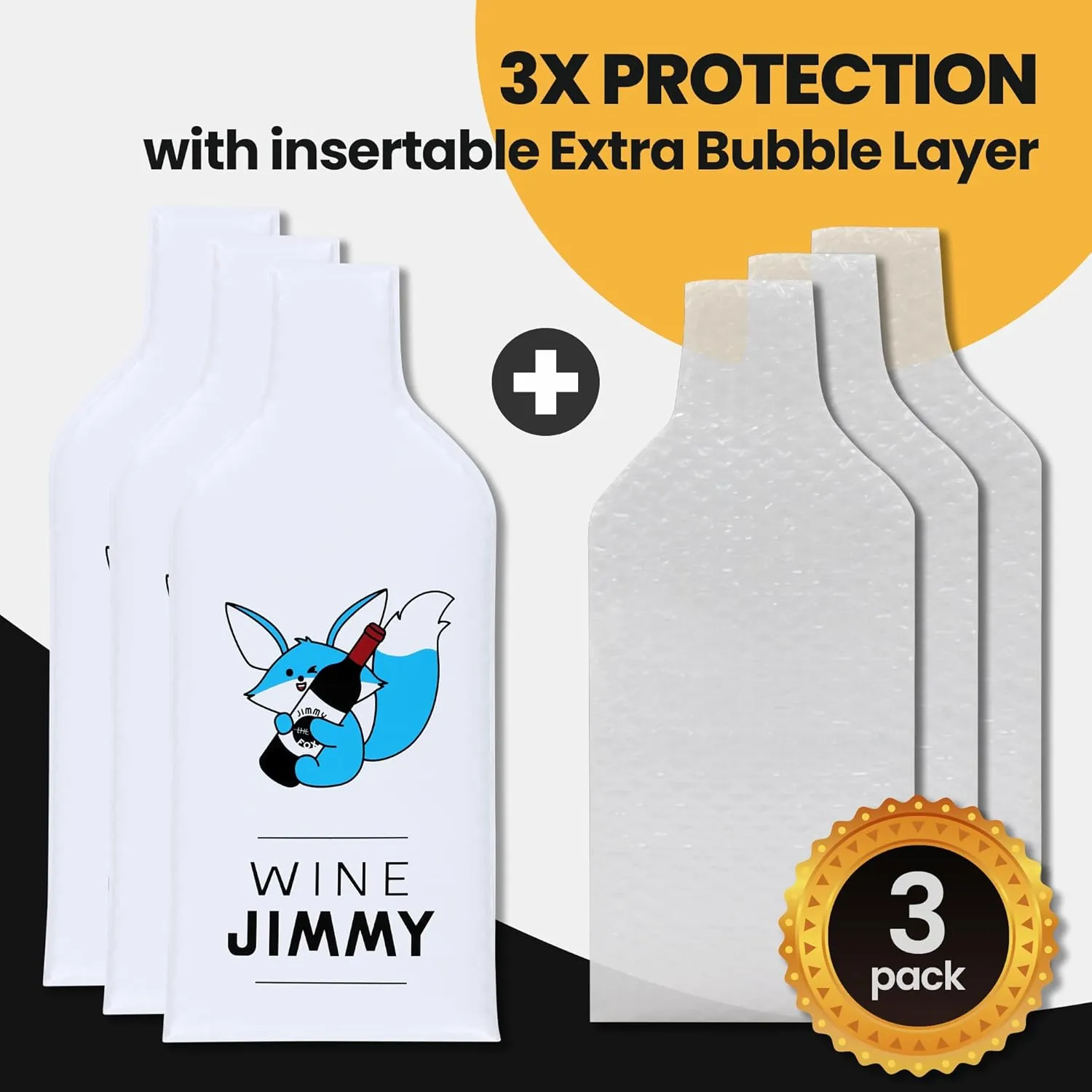 JIMMY THE FOX | Reusable Wine Bags for Travel | 3-Pack | Durable Triple-Layer Bottle Protector Sleeve | Leak-Proof & Impact-Resistant | Airplane & Cruise Luggage | Wine Lover Gifts - Wine Jimmy