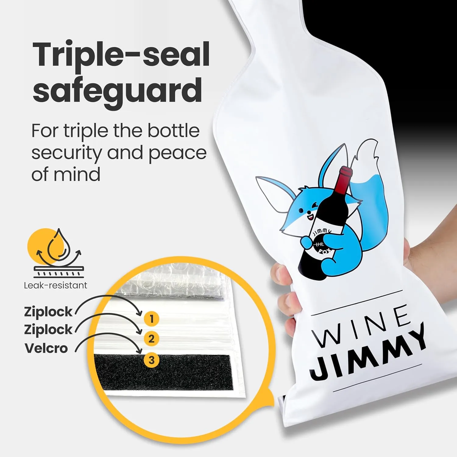 JIMMY THE FOX | Reusable Wine Bags for Travel | 3-Pack | Durable Triple-Layer Bottle Protector Sleeve | Leak-Proof & Impact-Resistant | Airplane & Cruise Luggage | Wine Lover Gifts - Wine Jimmy