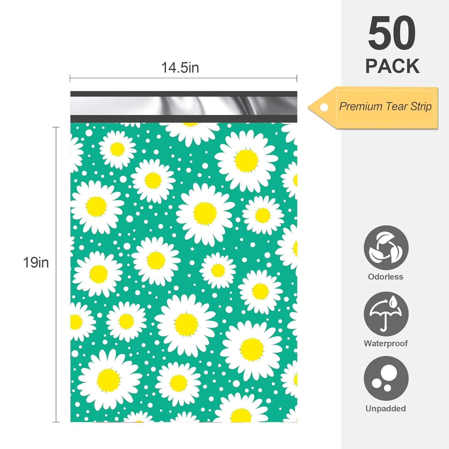 JinRuiKJ Poly Mailer 14.5x19 50 Pack - Shipping Bags for Clothing, Strong Thick and Self Adhesive Mailing Bags - Cute Packaging Bags for Small Business - Daisy