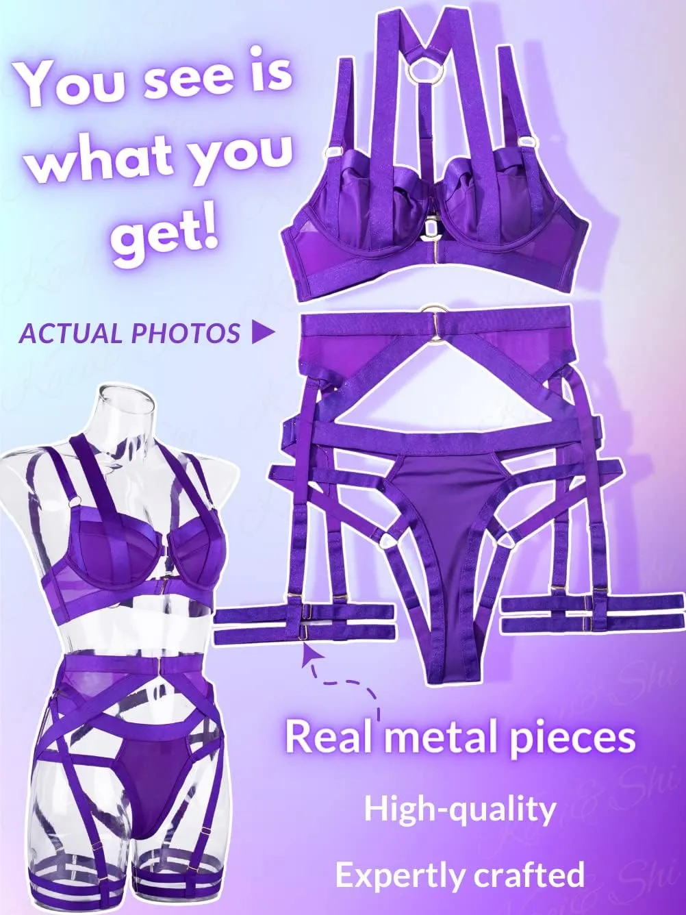 Kaei&Shi Strappy Harness, All Adjustable, Underwire Racerback, 4pc Garter Set