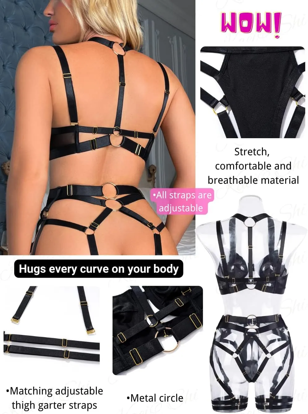 Kaei&Shi Strappy Harness, All Adjustable, Underwire Racerback, 4pc Garter Set