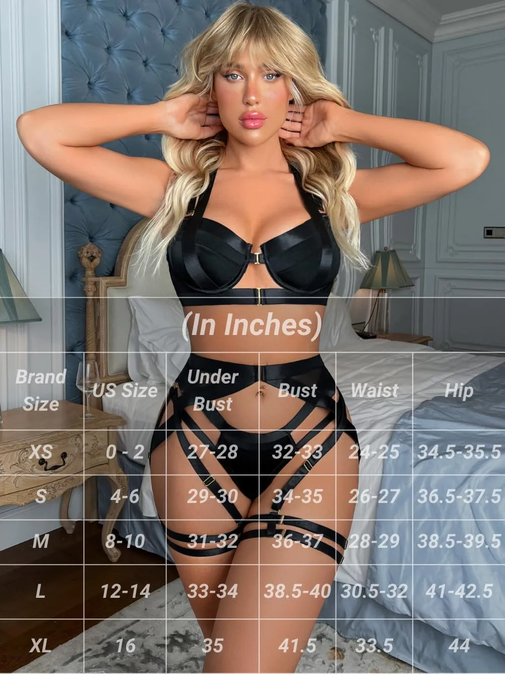Kaei&Shi Strappy Harness, All Adjustable, Underwire Racerback, 4pc Garter Set