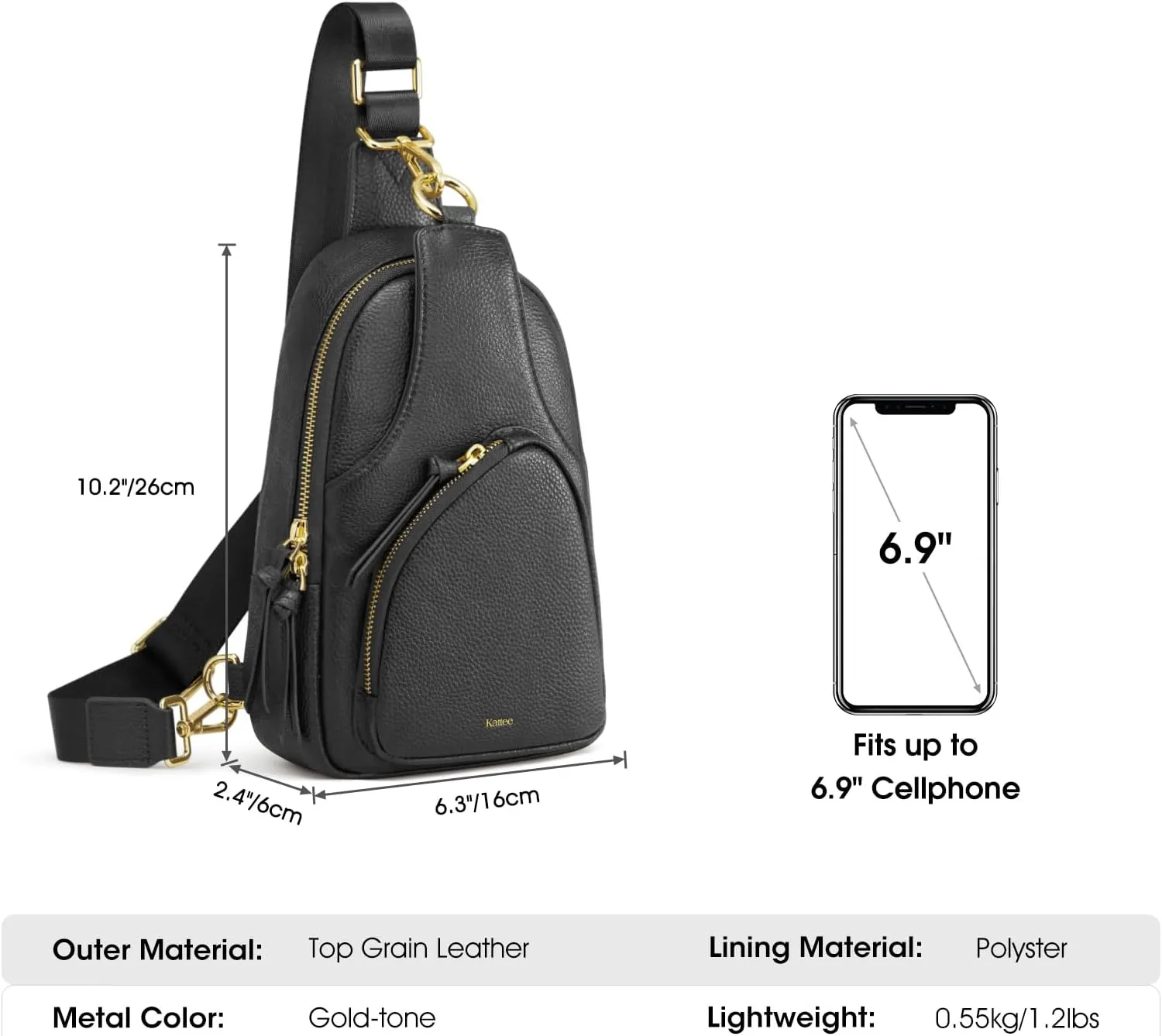 Kattee Sling Bag for Women, Leather Fanny Packs Crossbody Purse, Small Chest Bag with RFID Blocking, Black