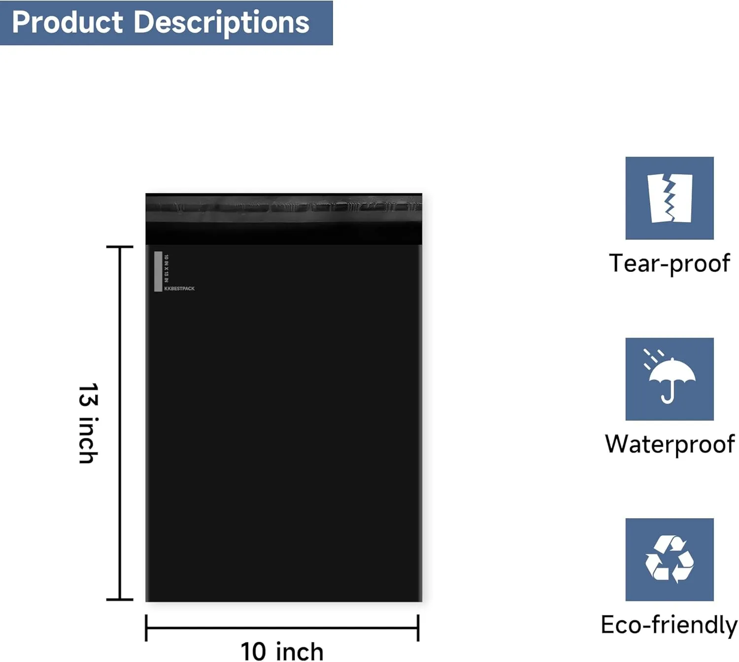KKBESTPACK 100 Large Poly Mailers 10x13 Shipping Bags for Small Business – Self Sealing Package Envelopes (10 x 13 Pack of 100, Black)
