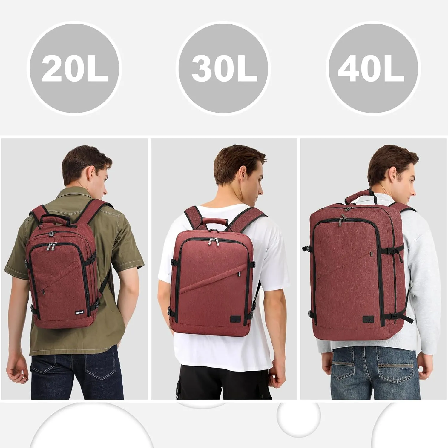 Kono Carry on Backpack, 18" Airplane Approved Under Seat Travel Backpack for Men and Women, Waterproof Lightweight Daypack for Flight 30L (Burgundy Red, Medium)
