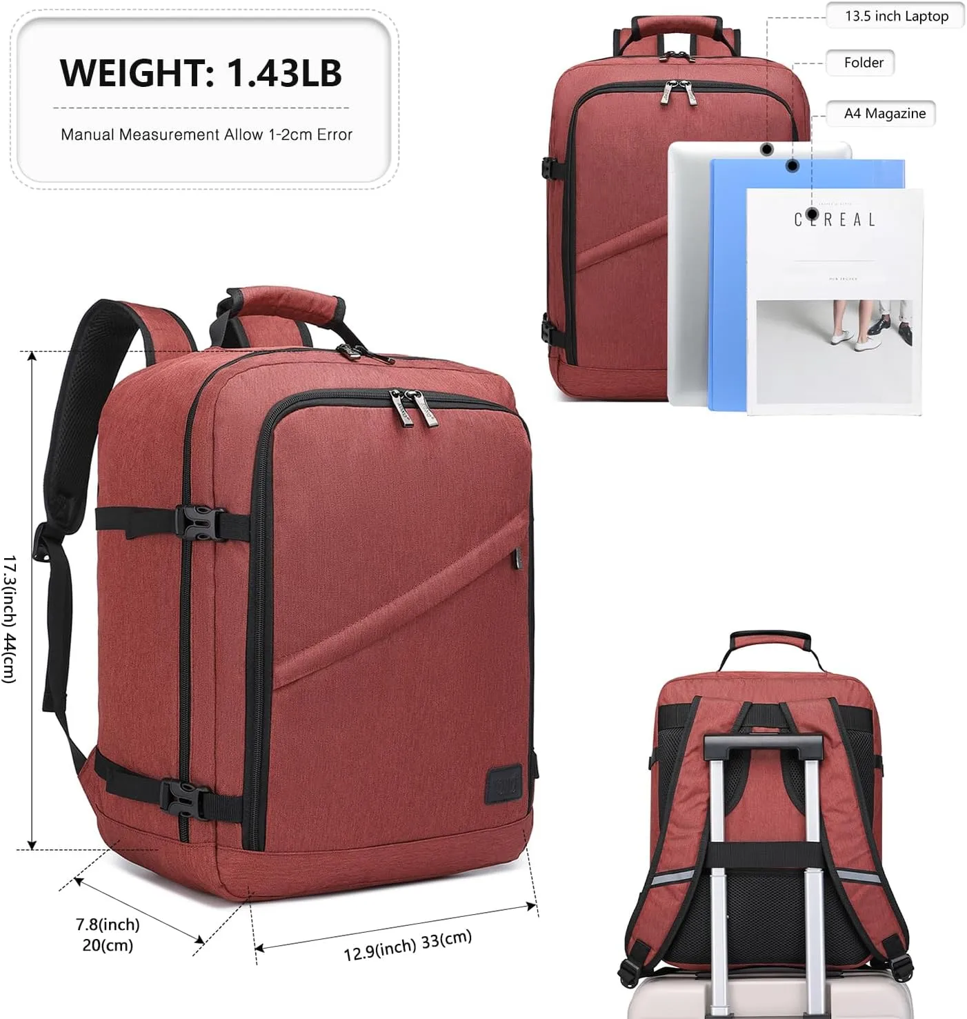 Kono Carry on Backpack, 18" Airplane Approved Under Seat Travel Backpack for Men and Women, Waterproof Lightweight Daypack for Flight 30L (Burgundy Red, Medium)