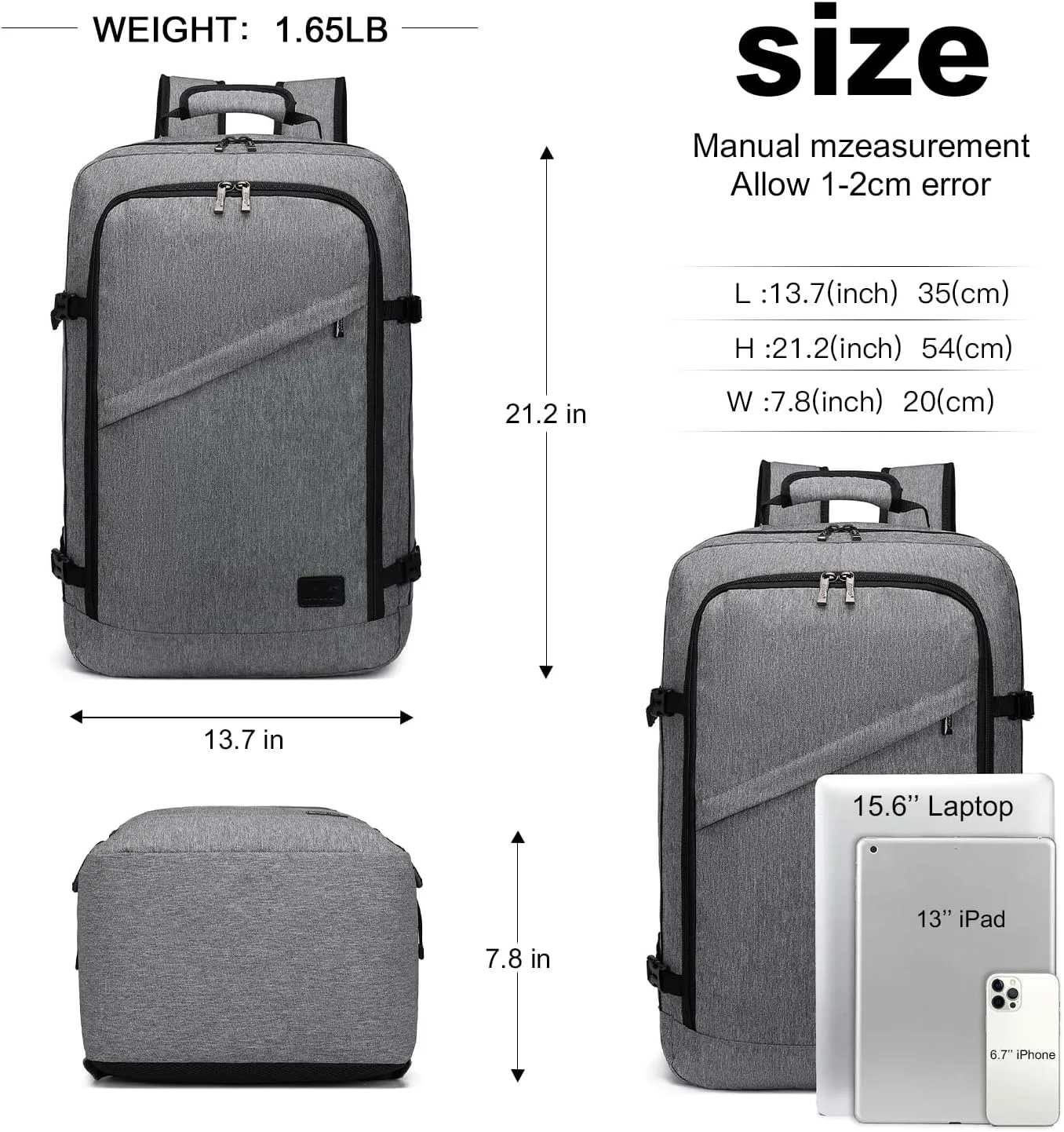 Kono Carry on Backpack, 22" Airplane Approved Travel Backpack for Men and Women, Waterproof Lightweight Daypack for Flight 40L (Grey, Large)
