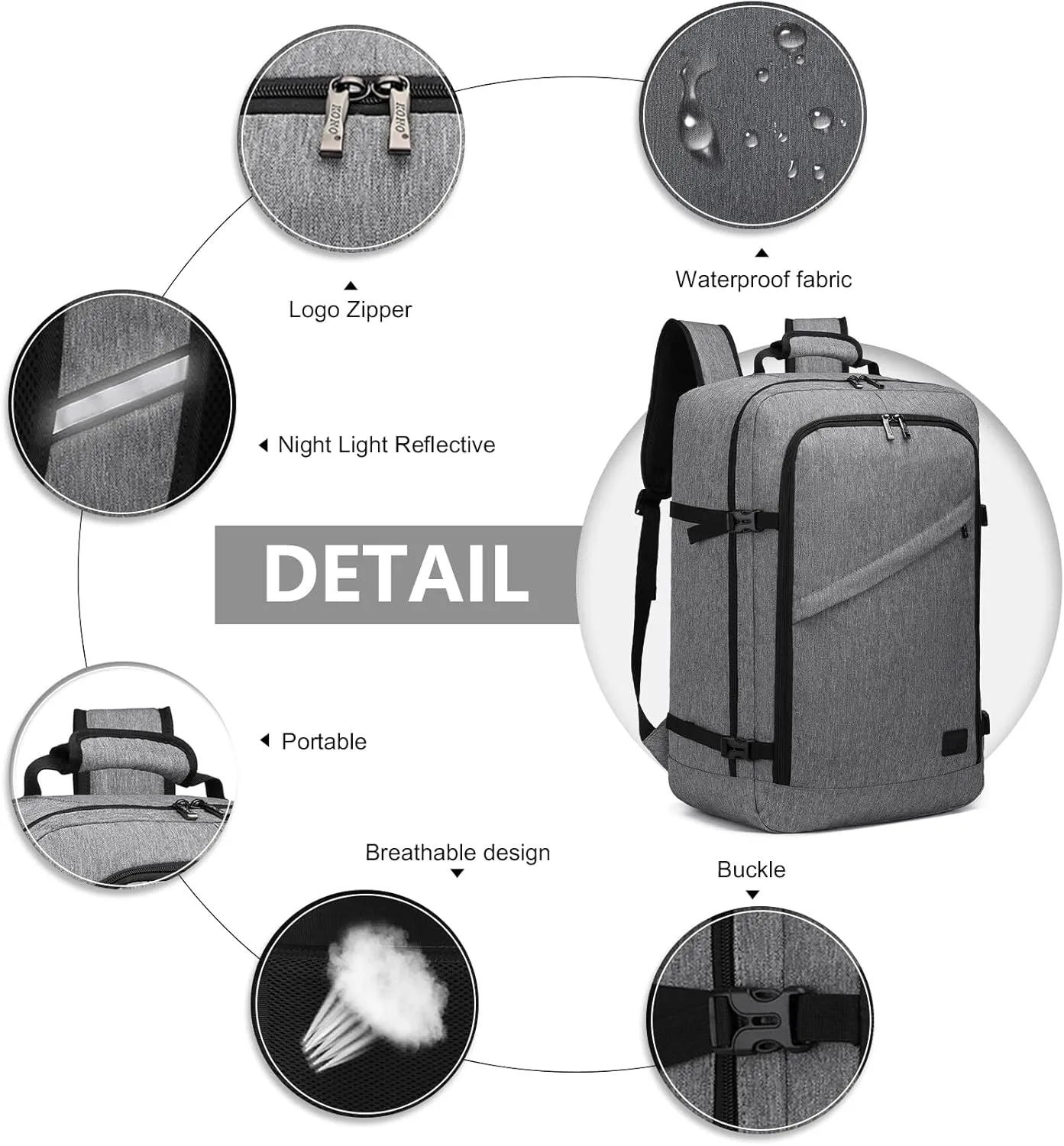 Kono Carry on Backpack, 22" Airplane Approved Travel Backpack for Men and Women, Waterproof Lightweight Daypack for Flight 40L (Grey, Large)