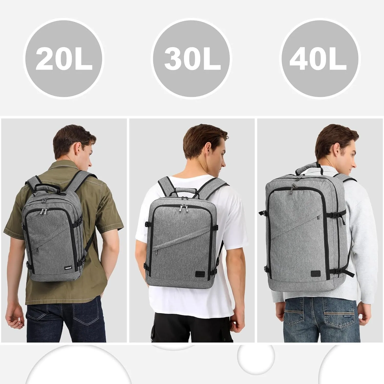 Kono Carry on Backpack, 22" Airplane Approved Travel Backpack for Men and Women, Waterproof Lightweight Daypack for Flight 40L (Grey, Large)