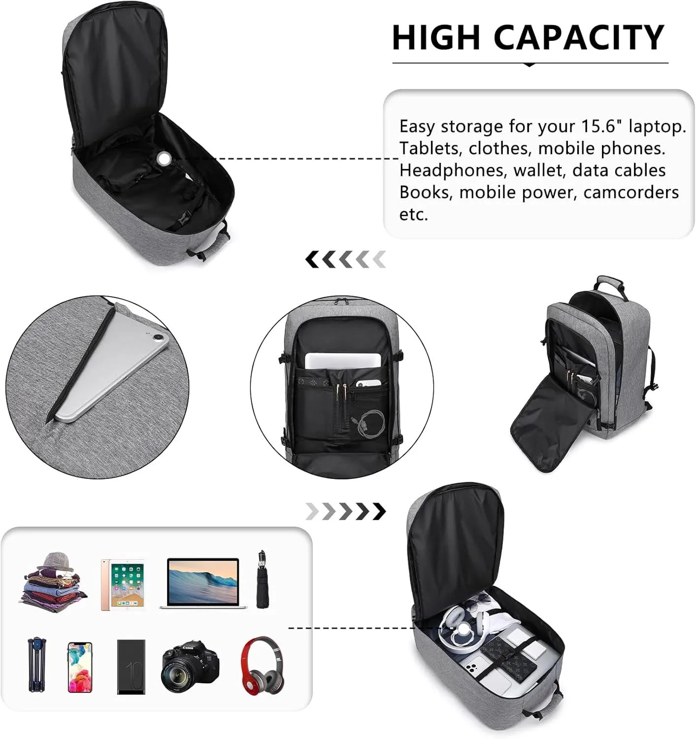 Kono Carry on Backpack, 22" Airplane Approved Travel Backpack for Men and Women, Waterproof Lightweight Daypack for Flight 40L (Grey, Large)