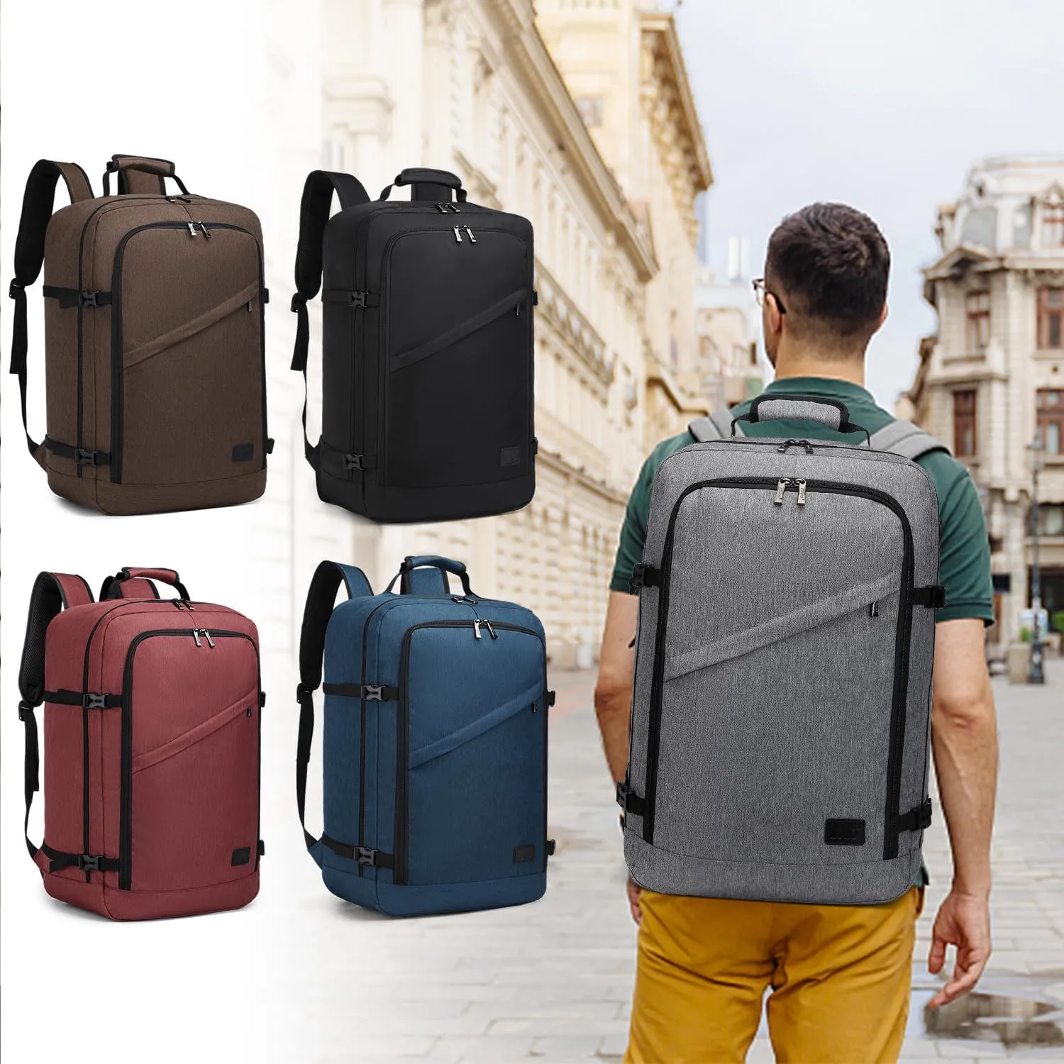 Kono Carry on Backpack, 22" Airplane Approved Travel Backpack for Men and Women, Waterproof Lightweight Daypack for Flight 40L (Grey, Large)