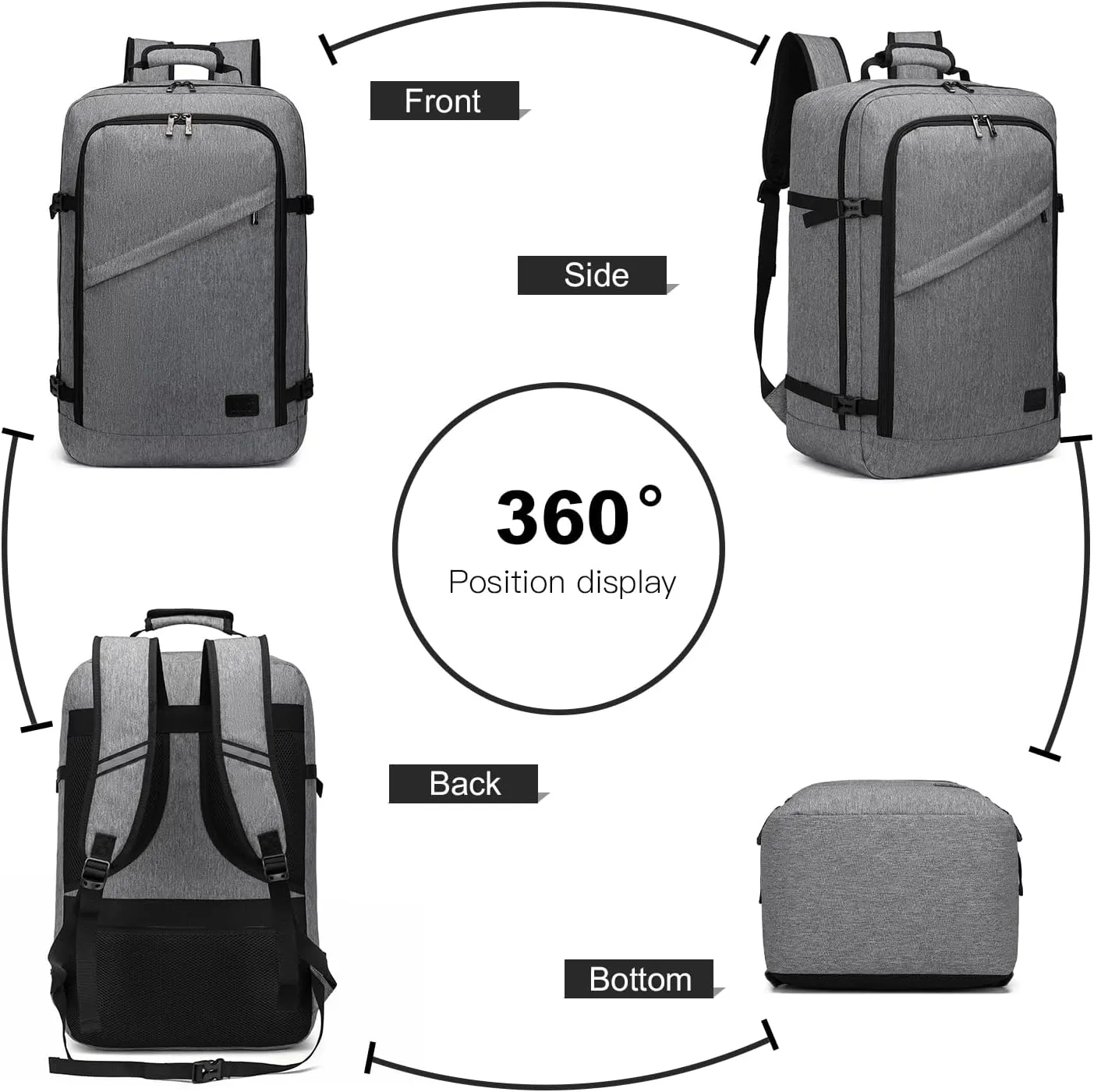 Kono Carry on Backpack, 22" Airplane Approved Travel Backpack for Men and Women, Waterproof Lightweight Daypack for Flight 40L (Grey, Large)