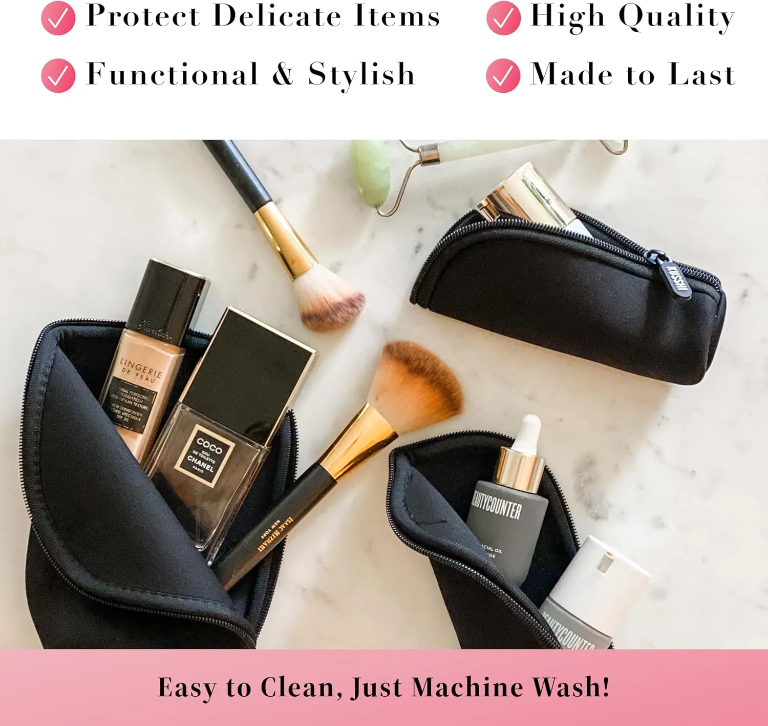 KUSSHI Neoprene Mini Makeup Pouch for Purse and Travel - Small Travel Pouch for Delicate Bottles and Beauty Items - For Foundations, Serums, Perfumes and More - Small Purse Pouch (Size XL, Black)