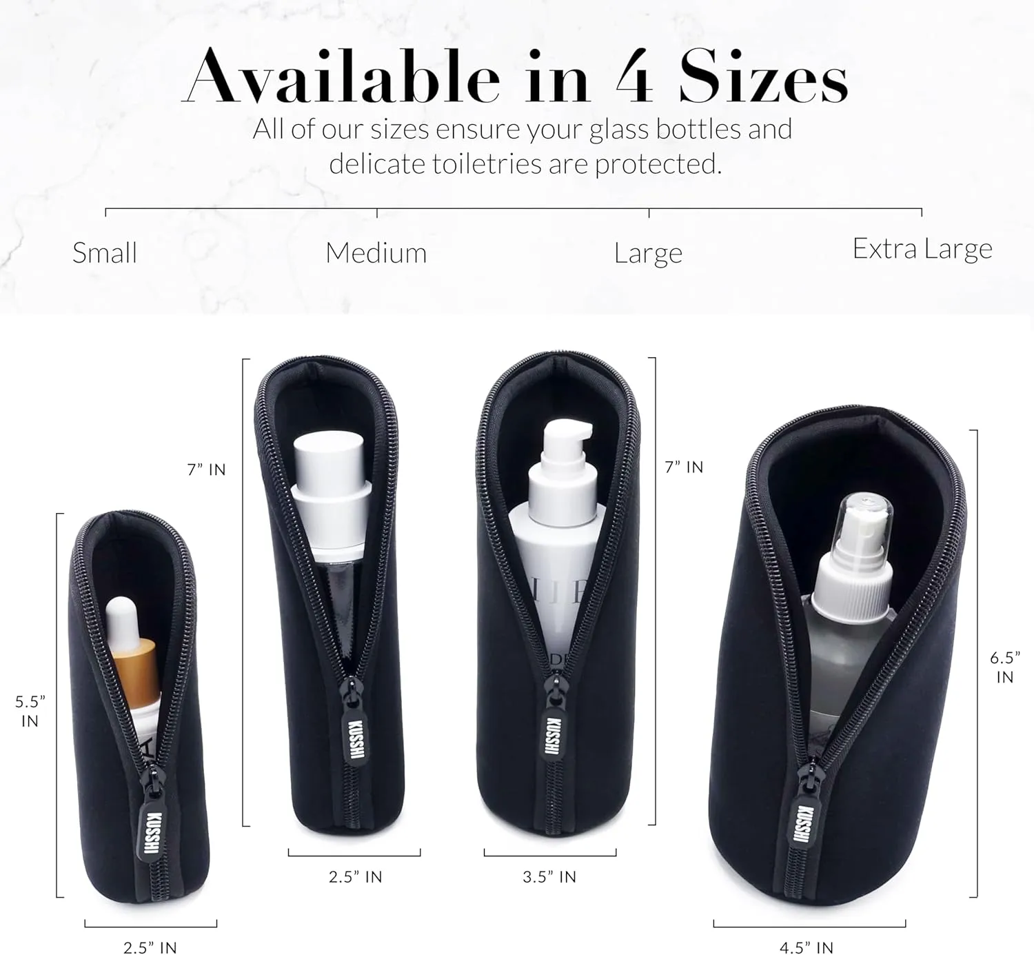 KUSSHI Neoprene Mini Makeup Pouch for Purse and Travel - Small Travel Pouch for Delicate Bottles and Beauty Items - For Foundations, Serums, Perfumes and More - Small Purse Pouch (Size XL, Black)