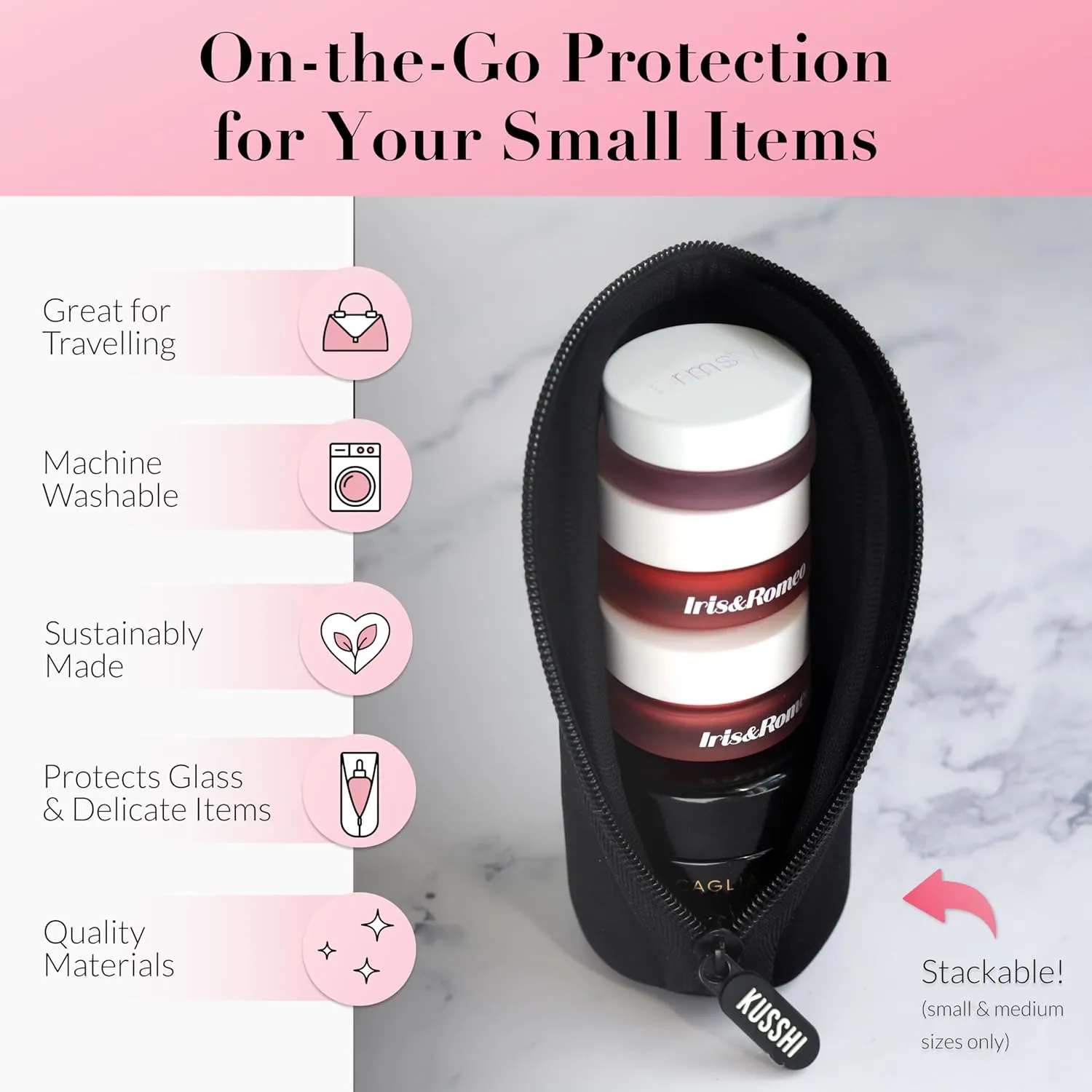 KUSSHI Neoprene Mini Makeup Pouch for Purse and Travel - Small Travel Pouch for Delicate Bottles and Beauty Items - For Foundations, Serums, Perfumes and More - Small Purse Pouch (Size XL, Black)