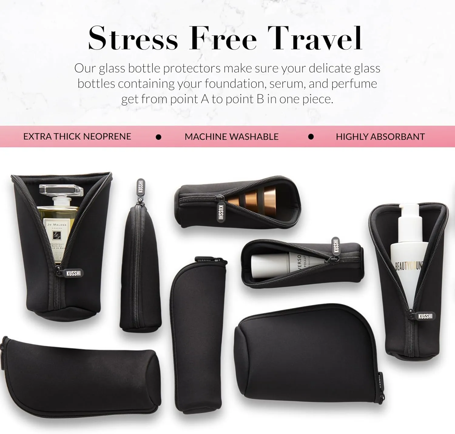 KUSSHI Neoprene Mini Makeup Pouch for Purse and Travel - Small Travel Pouch for Delicate Bottles and Beauty Items - For Foundations, Serums, Perfumes and More - Small Purse Pouch (Size XL, Black)
