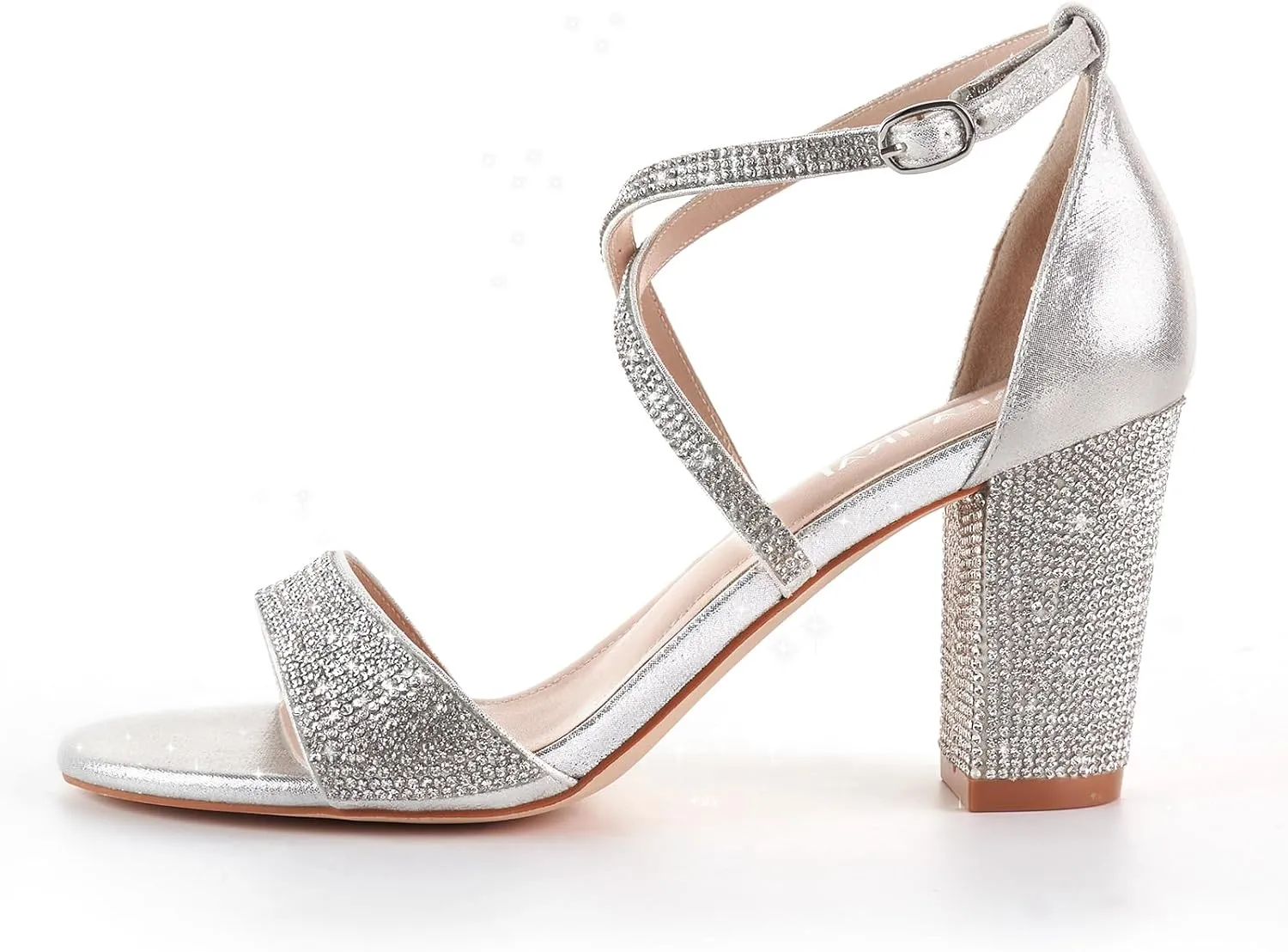 LALA IKAI Women’s Ankle Strap Heels Chunky Block Rhinestone Sandals 3 Inch Open Toe Heels Party Wedding Prom Shoes