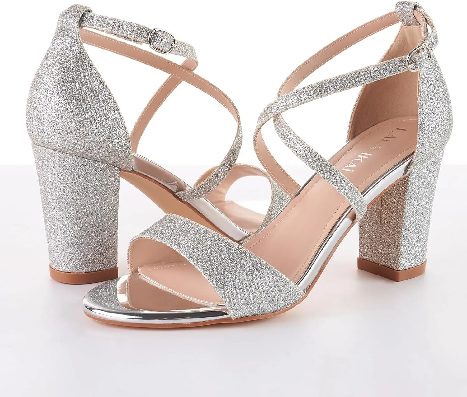 LALA IKAI Women’s Ankle Strap Heels Chunky Block Rhinestone Sandals 3 Inch Open Toe Heels Party Wedding Prom Shoes