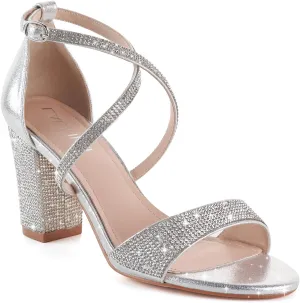 LALA IKAI Women’s Ankle Strap Heels Chunky Block Rhinestone Sandals 3 Inch Open Toe Heels Party Wedding Prom Shoes