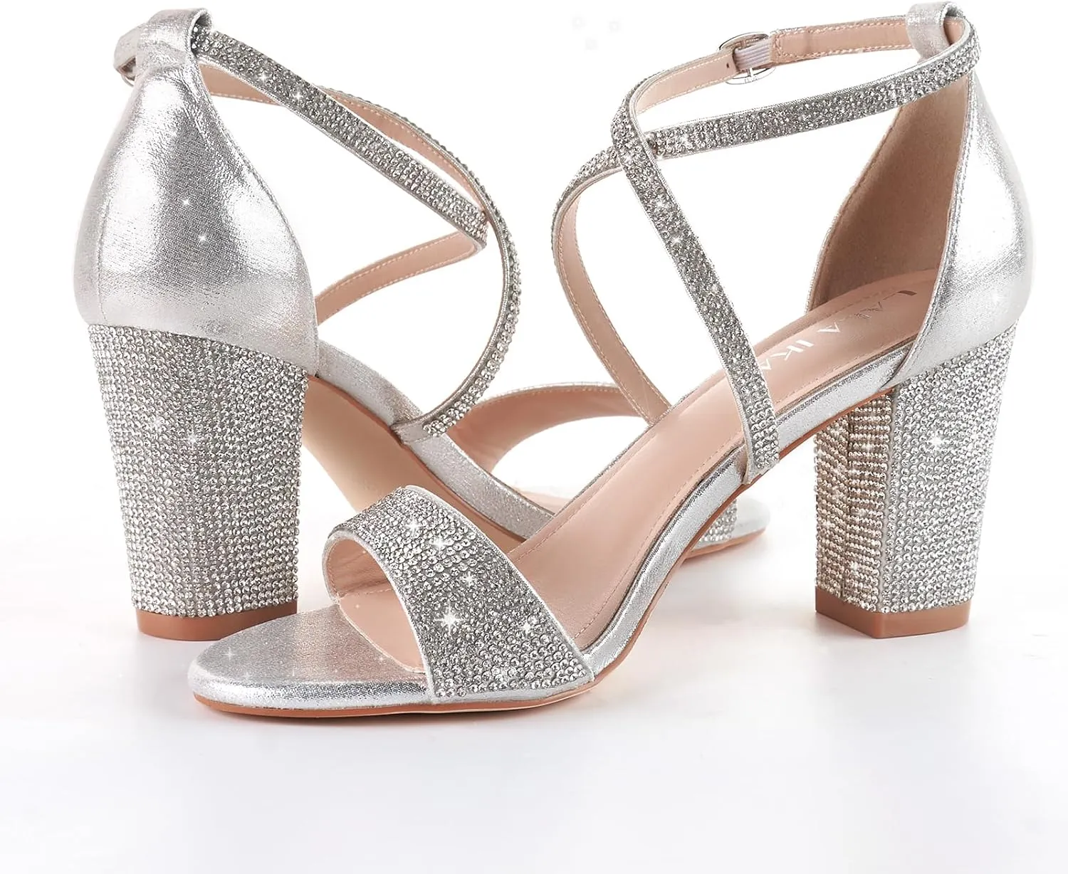 LALA IKAI Women’s Ankle Strap Heels Chunky Block Rhinestone Sandals 3 Inch Open Toe Heels Party Wedding Prom Shoes