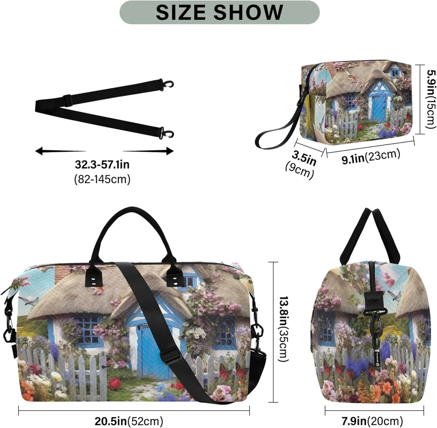 Landscape Cottage Flowers Duffle Bag Travel Cosmetic Bag Set of 2, Flower Womens Gym Bags Tote Carry on Bags