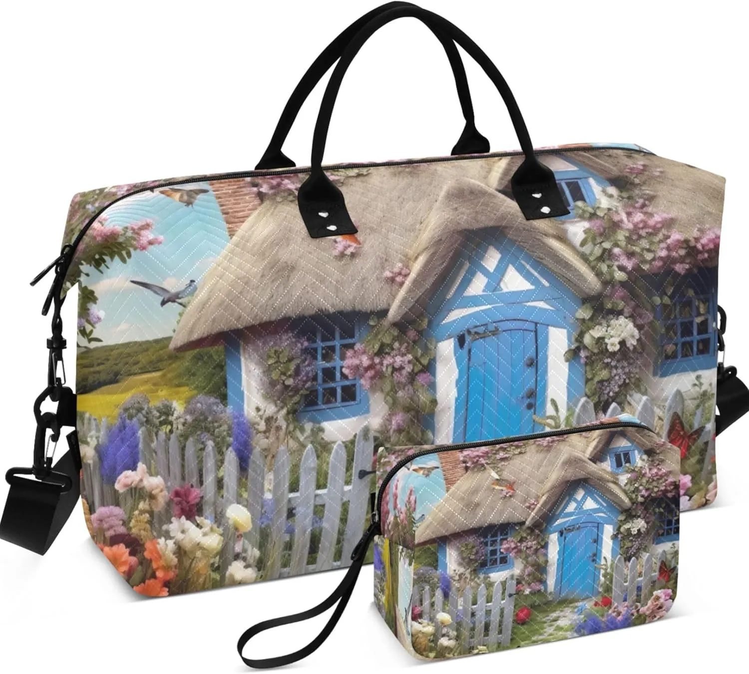 Landscape Cottage Flowers Duffle Bag Travel Cosmetic Bag Set of 2, Flower Womens Gym Bags Tote Carry on Bags