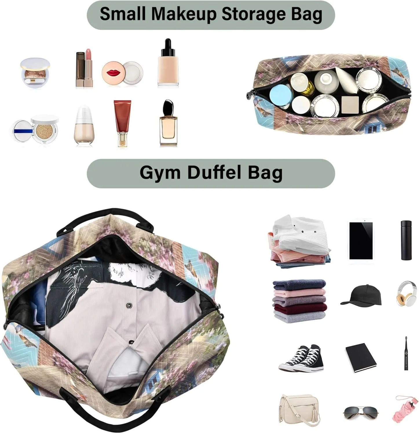 Landscape Cottage Flowers Duffle Bag Travel Cosmetic Bag Set of 2, Flower Womens Gym Bags Tote Carry on Bags
