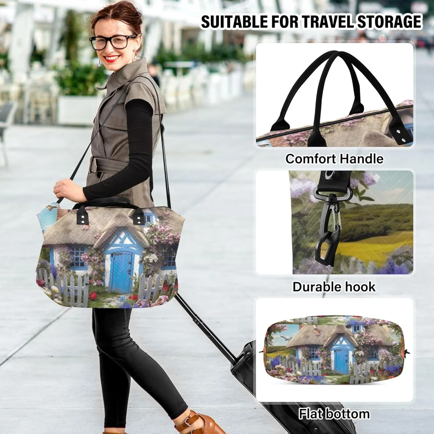 Landscape Cottage Flowers Duffle Bag Travel Cosmetic Bag Set of 2, Flower Womens Gym Bags Tote Carry on Bags