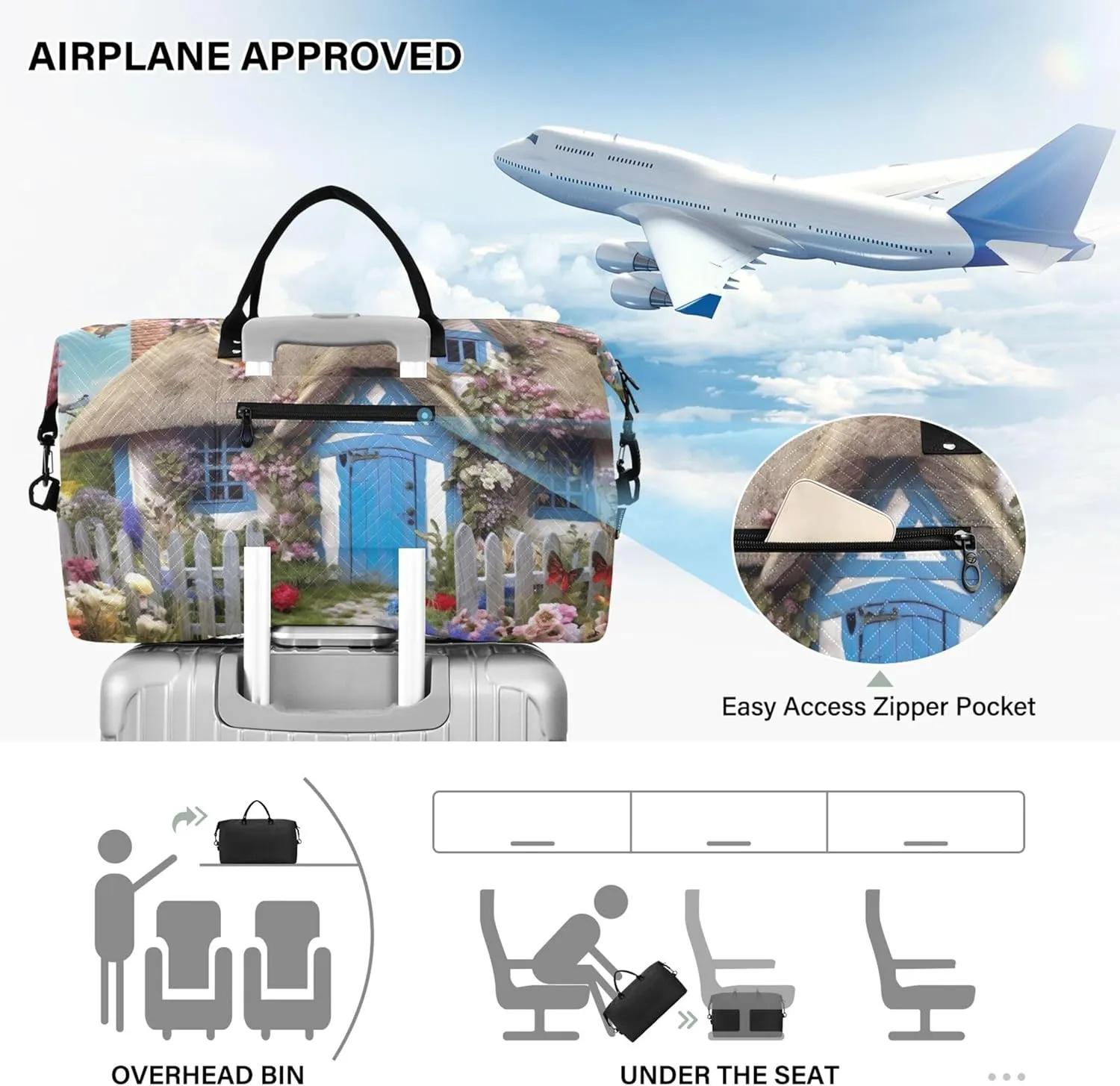Landscape Cottage Flowers Duffle Bag Travel Cosmetic Bag Set of 2, Flower Womens Gym Bags Tote Carry on Bags
