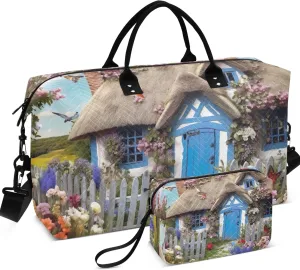 Landscape Cottage Flowers Duffle Bag Travel Cosmetic Bag Set of 2, Flower Womens Gym Bags Tote Carry on Bags