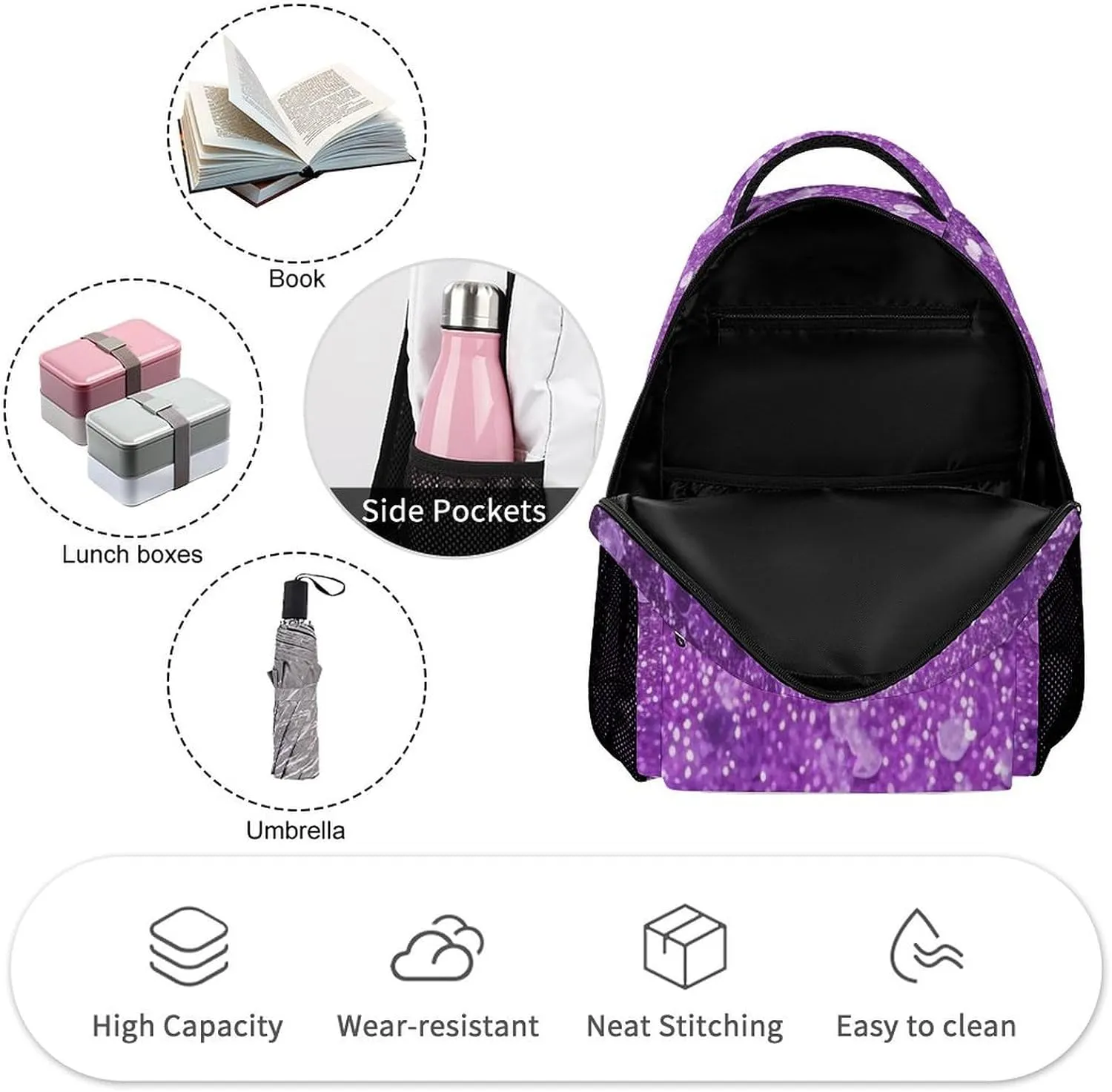 Laptop Backpack for Travel Daypack Computer Bag Work Sparkling Purple Glitter Back Pack Nurse Bag for Hiking