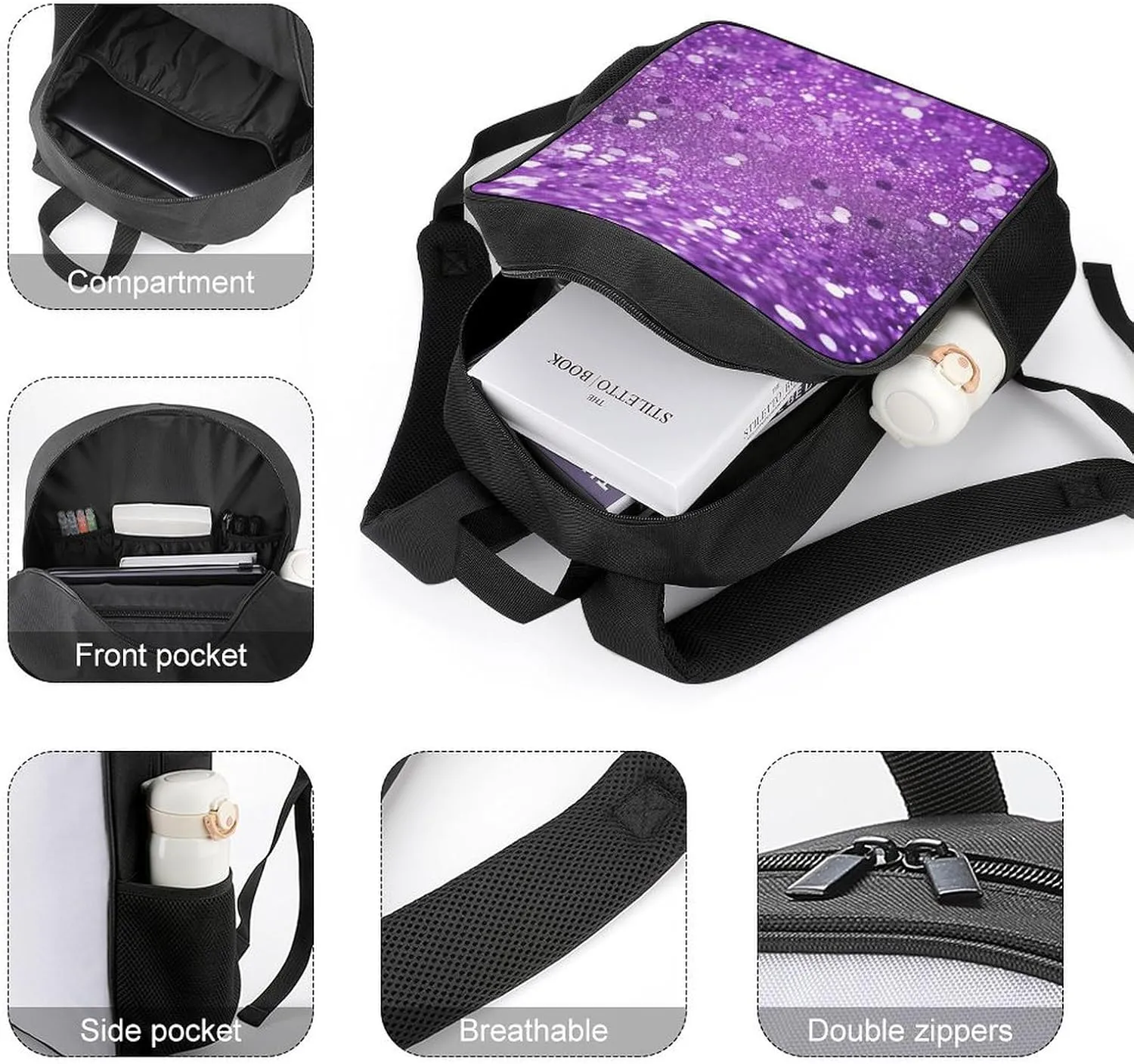 Laptop Backpack for Travel Daypack Sparkling Purple Glitter Computer Bag Work Back Pack Laptop Bag Casual Nurse Bag