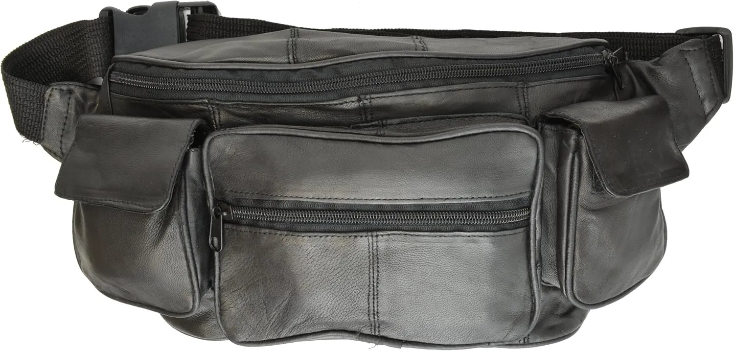 Large Black Genuine Lambskin Leather Fanny Pack Waist Bag with Cell Phone Pouch