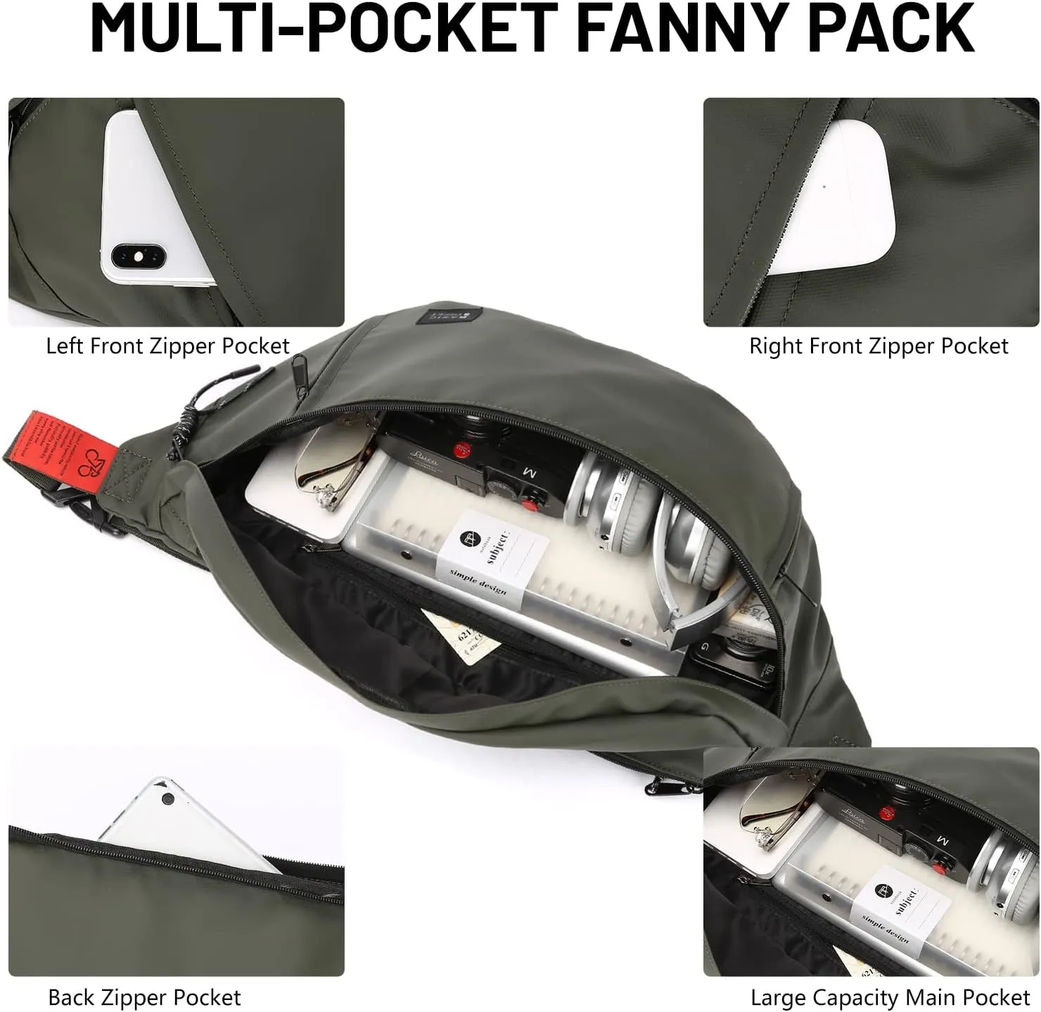 Large Crossbody Fanny Pack for Women Men,Waterproof Waist Bag Pack with Adjustable Strap & 5-Zipper Pockets,Green,Medium