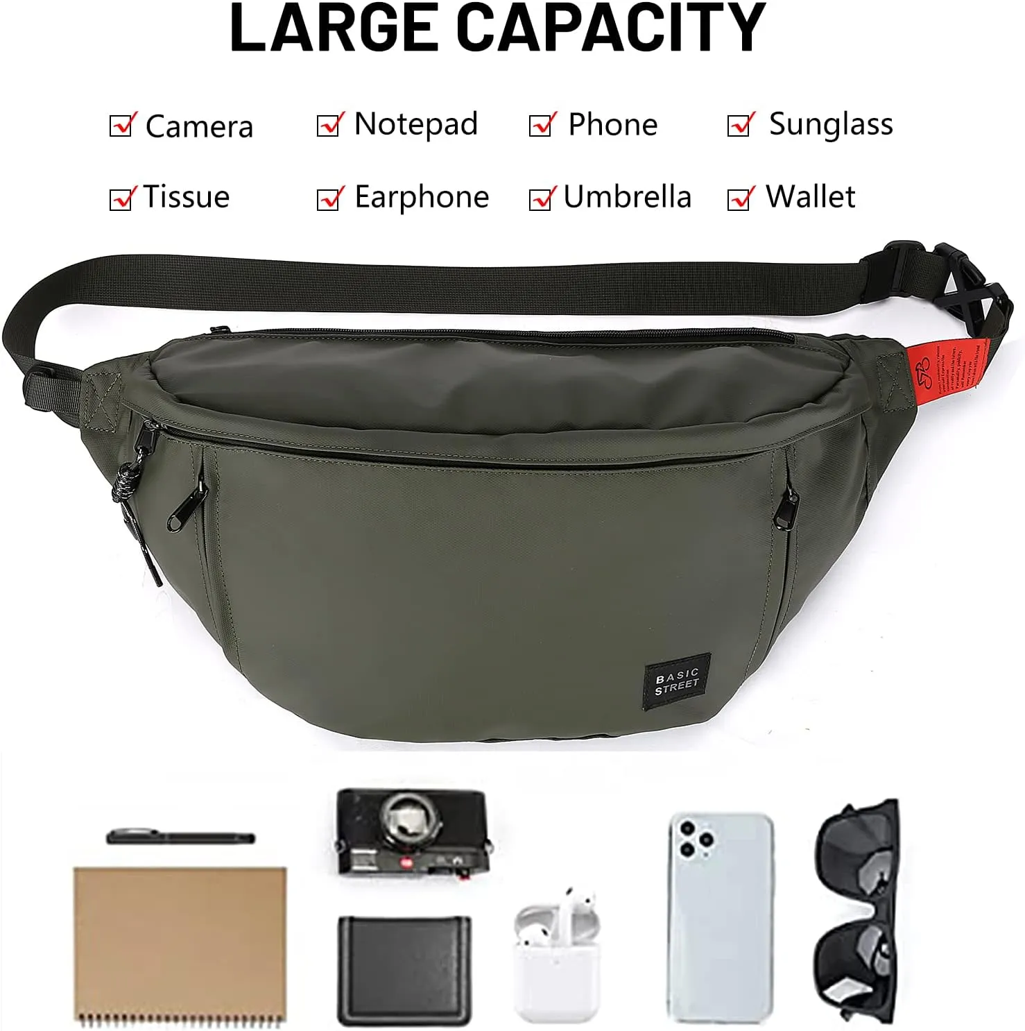 Large Crossbody Fanny Pack for Women Men,Waterproof Waist Bag Pack with Adjustable Strap & 5-Zipper Pockets,Green,Medium