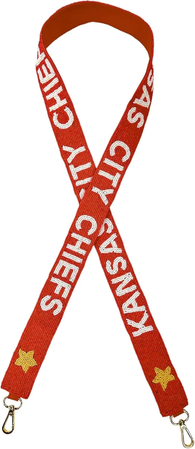 Lashicorn Kansas Beaded Purse Strap Game day Football Red with Yellow Stars White Lettering for Clear Stadium Bag Merch City 49” Long 1.75” Wide
