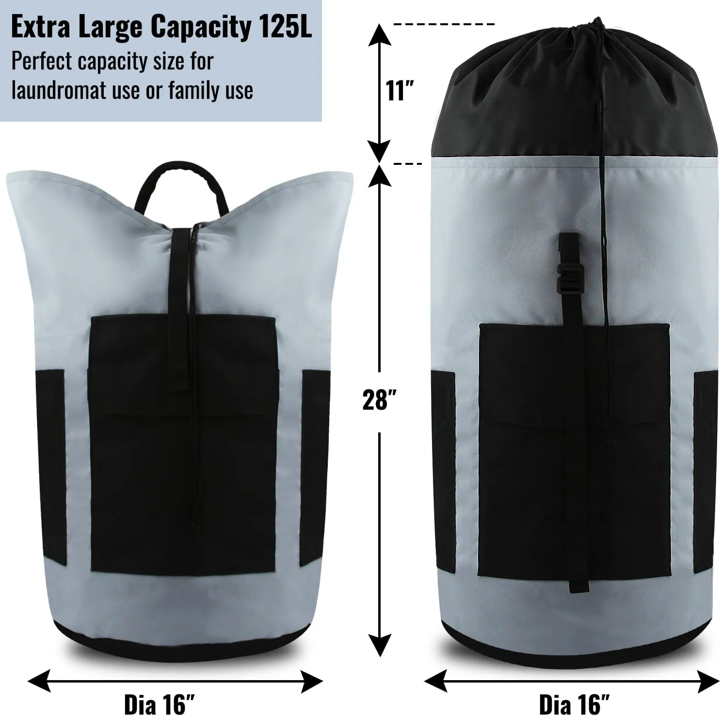 Laundry Bag Backpack, 125L Extra Large Travel Laundry Bags with Shoulder Straps, Adjustable & Extendable Design, Laundry Hamper Bag with 3 Pockets for Laundromat, College, Travel, Camping