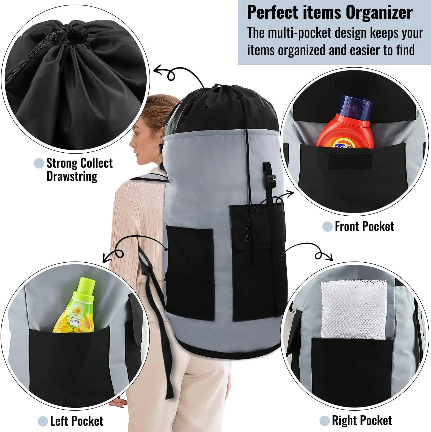 Laundry Bag Backpack, 125L Extra Large Travel Laundry Bags with Shoulder Straps, Adjustable & Extendable Design, Laundry Hamper Bag with 3 Pockets for Laundromat, College, Travel, Camping