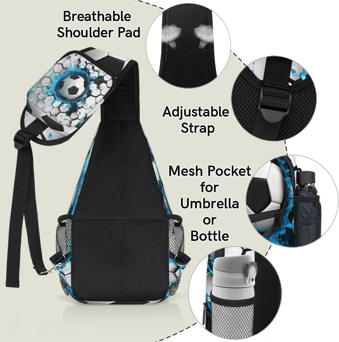 Light Wall Football Sling Bag for Women Men, Soccer Waterproof Crossbody Sling Backpack Sports Travel Outdoor Chest Bag