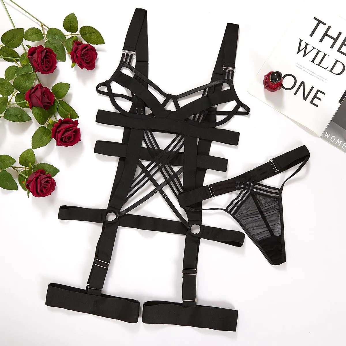 Lilosy Sexy Strappy Crisscross Cutout Underwire Garter Belt Lingerie Set Rave Outfits